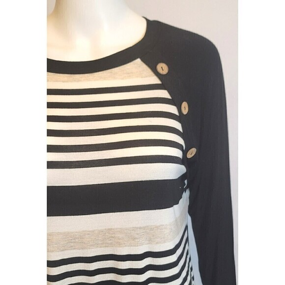 First Look Black White Stripe Crew Neck Long Sleeve T-shirt Top Size M - Picture 6 of 10